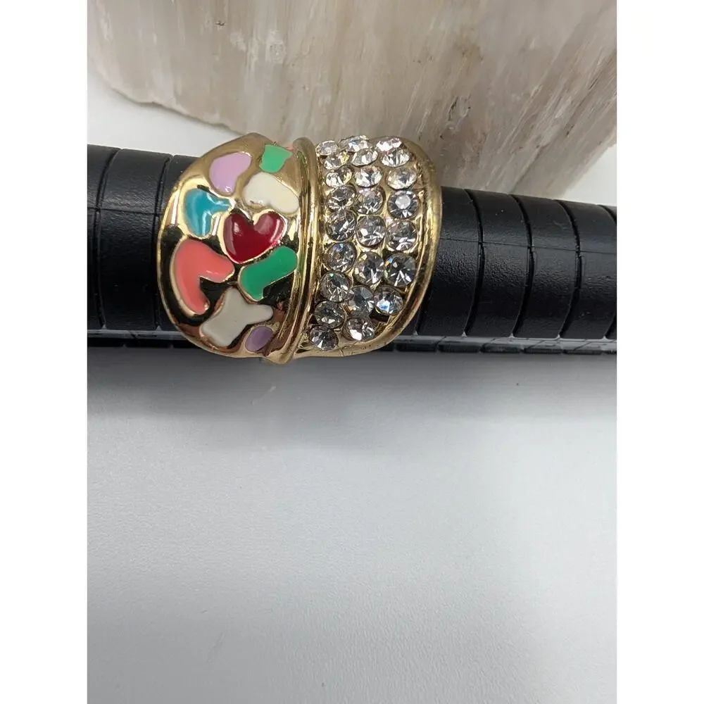 Fashion Statement Ring Gold Tone Clear Rhinestones Multi-Color Enamel Hearts Sz